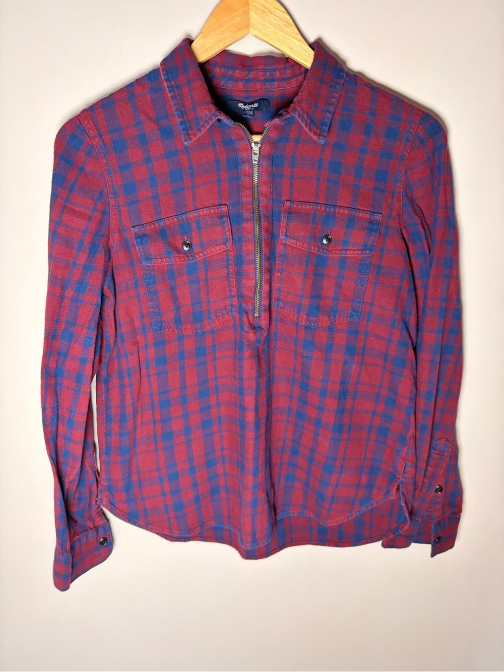 Madewell Plaid Half Zip Flannel Shirt Red Blue Size S
